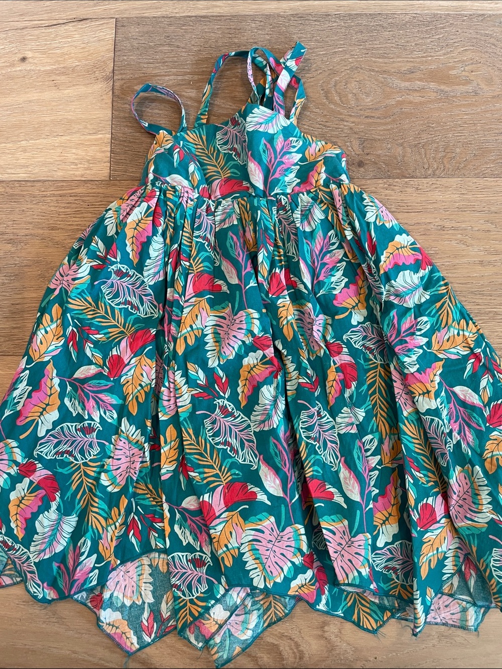 Tommy Bahama Girls Teal Tropical Leaf Print Sundress - Pink, Yellow, Red, White